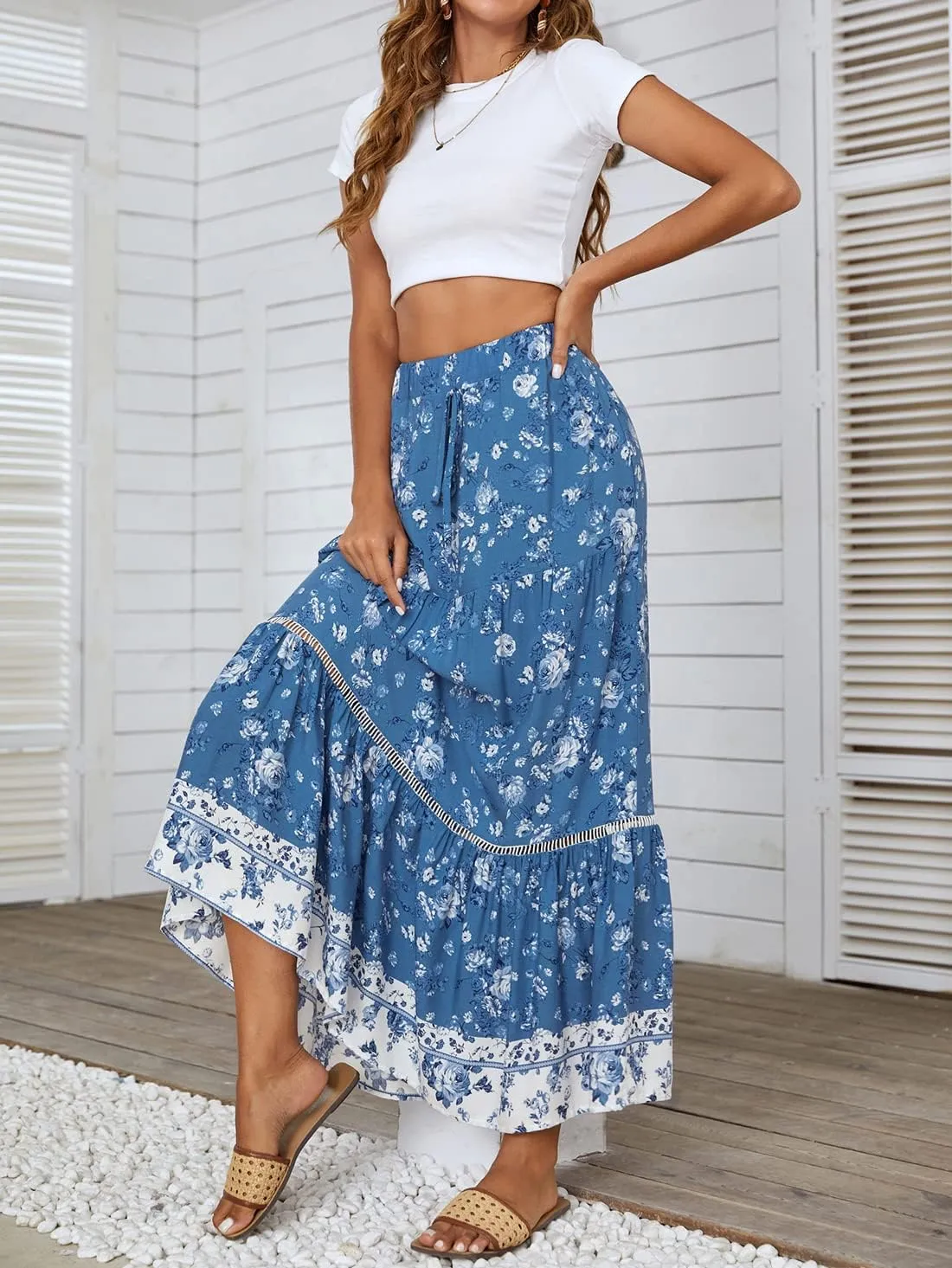 chouyatou Women's Summer Bohemian Hollow Out Splicing Floral Print Swing Beach Maxi Skirt