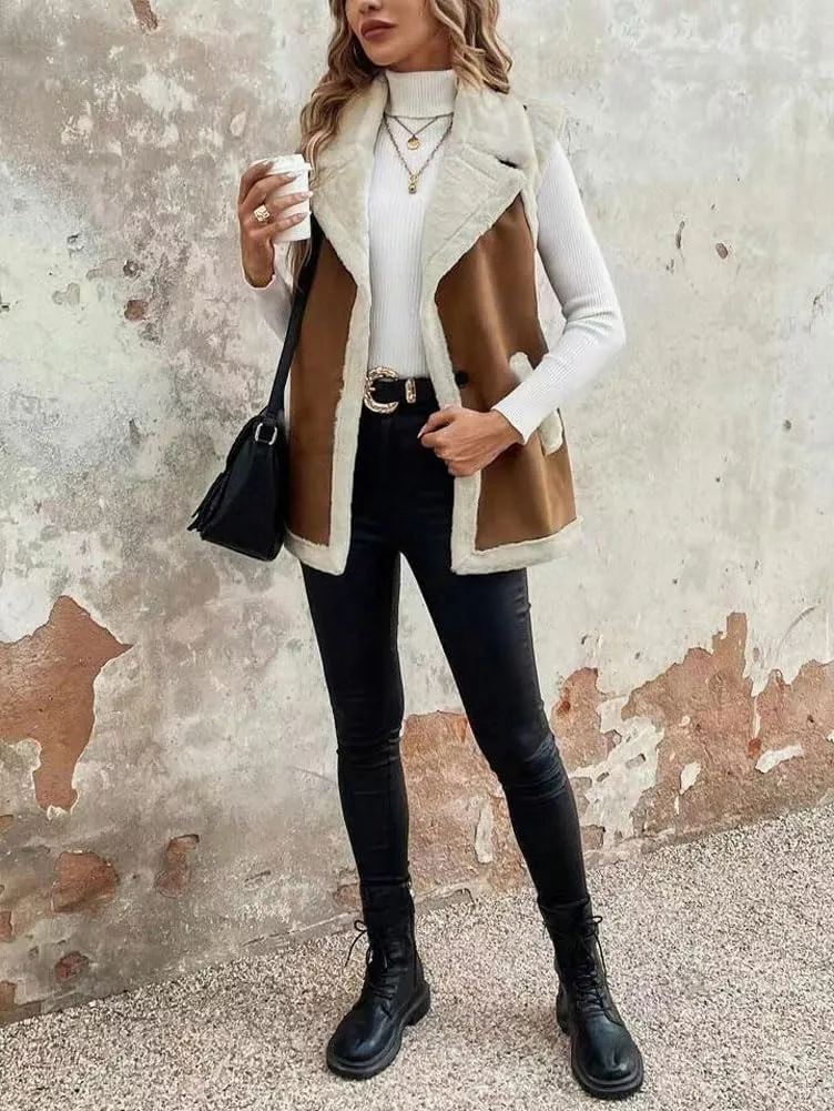 chouyatou Women's Winter Faux Suede Leather Vest Button Up Fuzzy Fleece Sleeveless Sherpa Jacket with Pockets