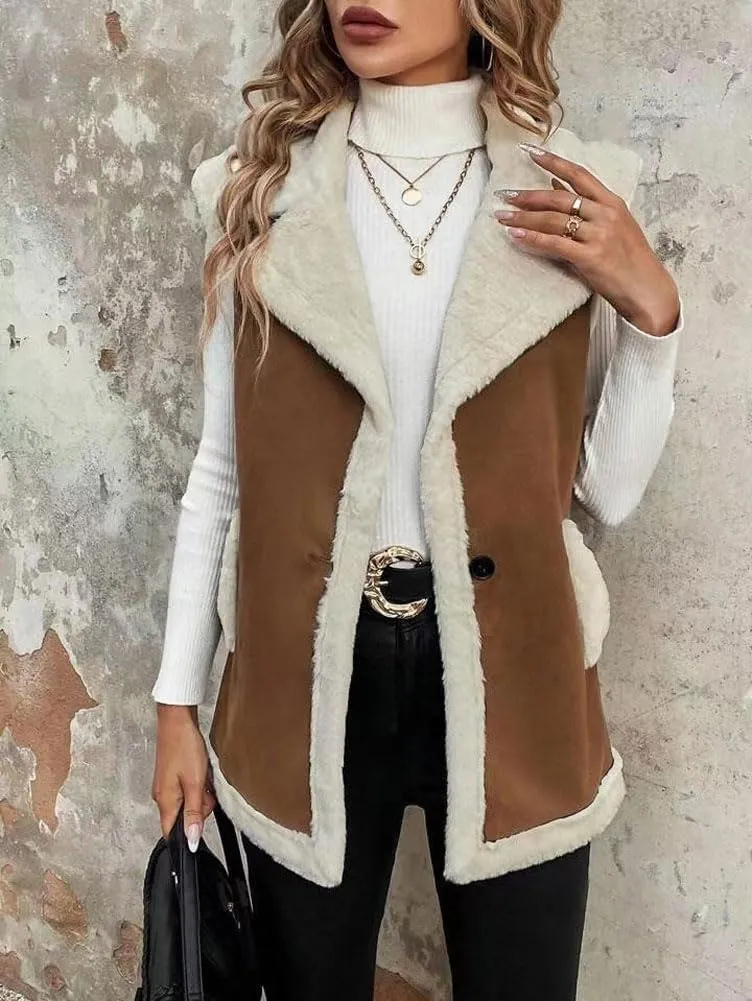 chouyatou Women's Winter Faux Suede Leather Vest Button Up Fuzzy Fleece Sleeveless Sherpa Jacket with Pockets