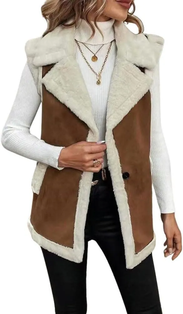 chouyatou Women's Winter Faux Suede Leather Vest Button Up Fuzzy Fleece Sleeveless Sherpa Jacket with Pockets