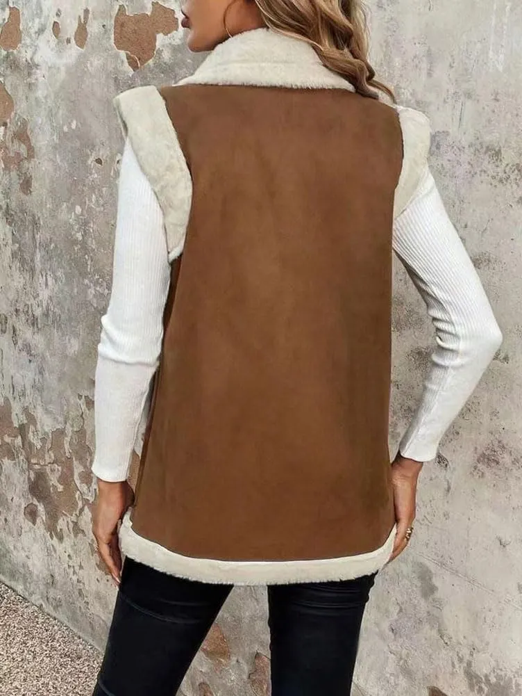 chouyatou Women's Winter Faux Suede Leather Vest Button Up Fuzzy Fleece Sleeveless Sherpa Jacket with Pockets