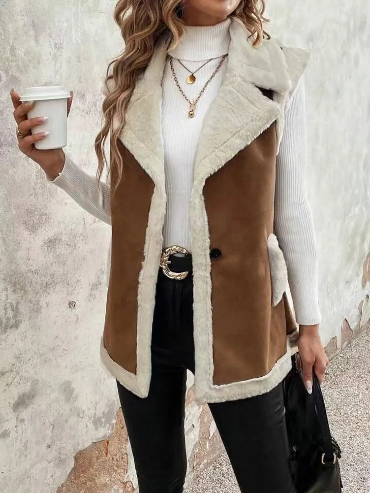 chouyatou Women's Winter Faux Suede Leather Vest Button Up Fuzzy Fleece Sleeveless Sherpa Jacket with Pockets