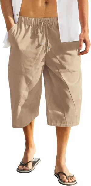 COOFANDY Men's Linen Harem Capri Pants Casual Lightweight Drawstring Yoga Pants Baggy 3/4 Beach Trousers