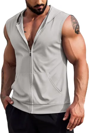 COOFANDY Men's Workout Hooded Tank Tops 2 Pack Zip Up Sleeveless Gym Shirts Muscle Cut Off T Shirt Bodybuilding Hoodies