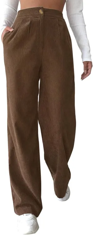 Corduroy Pants for Women Vintage Elastic High Waist Straight Wide Leg Pants Fall Winter Casual Work Trouser Trendy 2024
