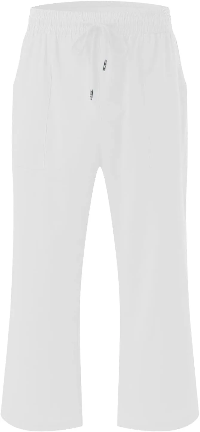 Cotton Linen Capri Pants for Women High Waist Cropped Pant Tie Knot Wide Leg Slacks Summer Beach Palazzo Trousers
