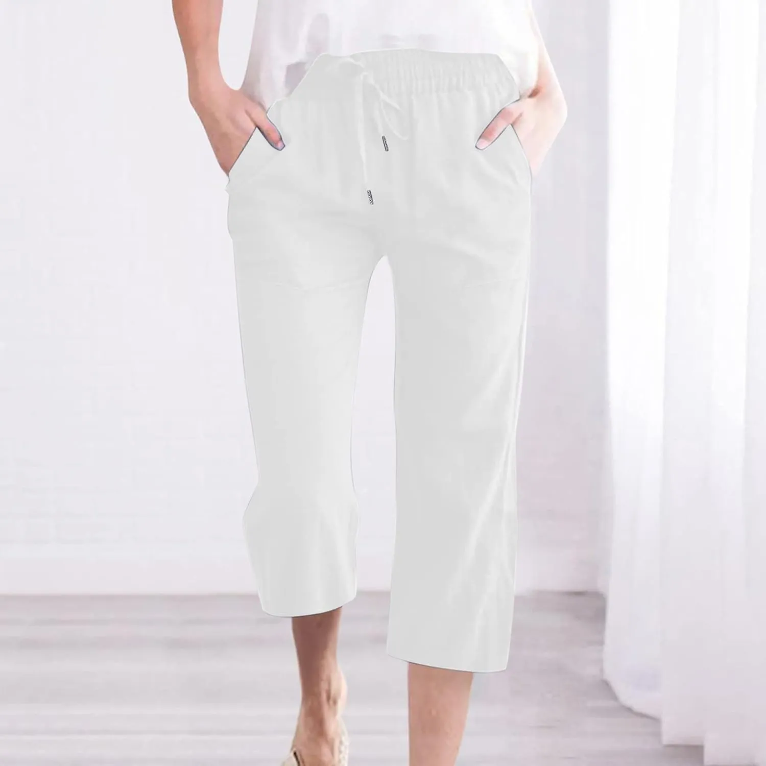 Cotton Linen Capri Pants for Women High Waist Cropped Pant Tie Knot Wide Leg Slacks Summer Beach Palazzo Trousers