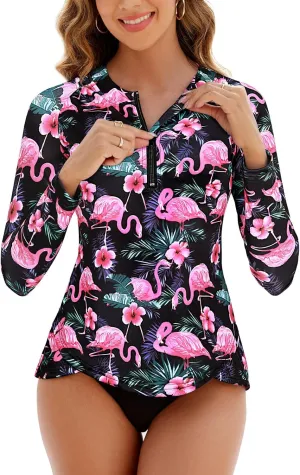 Cucuchy Style Womens 1/4 Zip Up Rash Guard for Women Long Sleeve Swim Shirts UV Sun Protection Swimsuit S-2XL