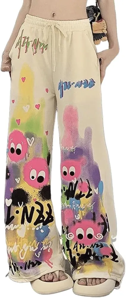 Cute Pants for Women Kawaii Pants Japanese Pants High Waist Flair Graffiti Chinos Loose Trousers Harajuku Bell Pants (Yellow,Large,Regular,Regular,Large)