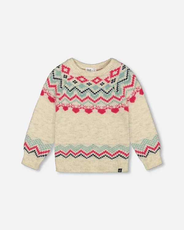 Deux Par Deux Girls Sweater with Norwegian Jacquard  G20KT72  Off White *