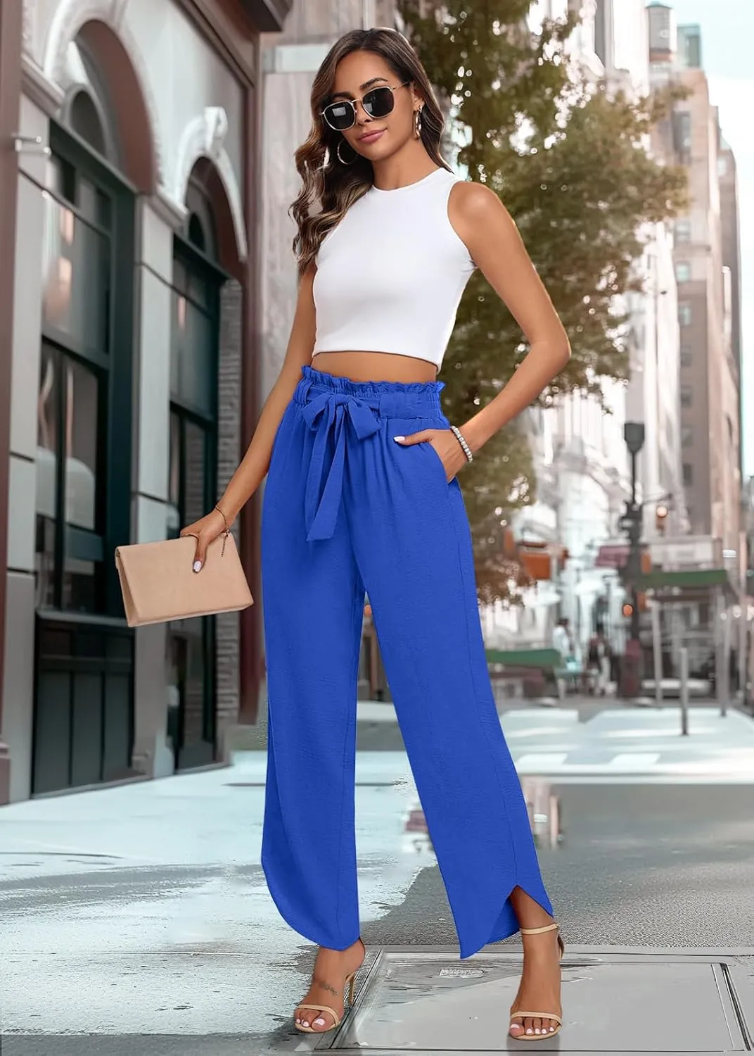 DILIUXING Womens High Waist Pants Wide Leg Adjustable Knot Loose Casual Trousers Business Work Pants with Pockets
