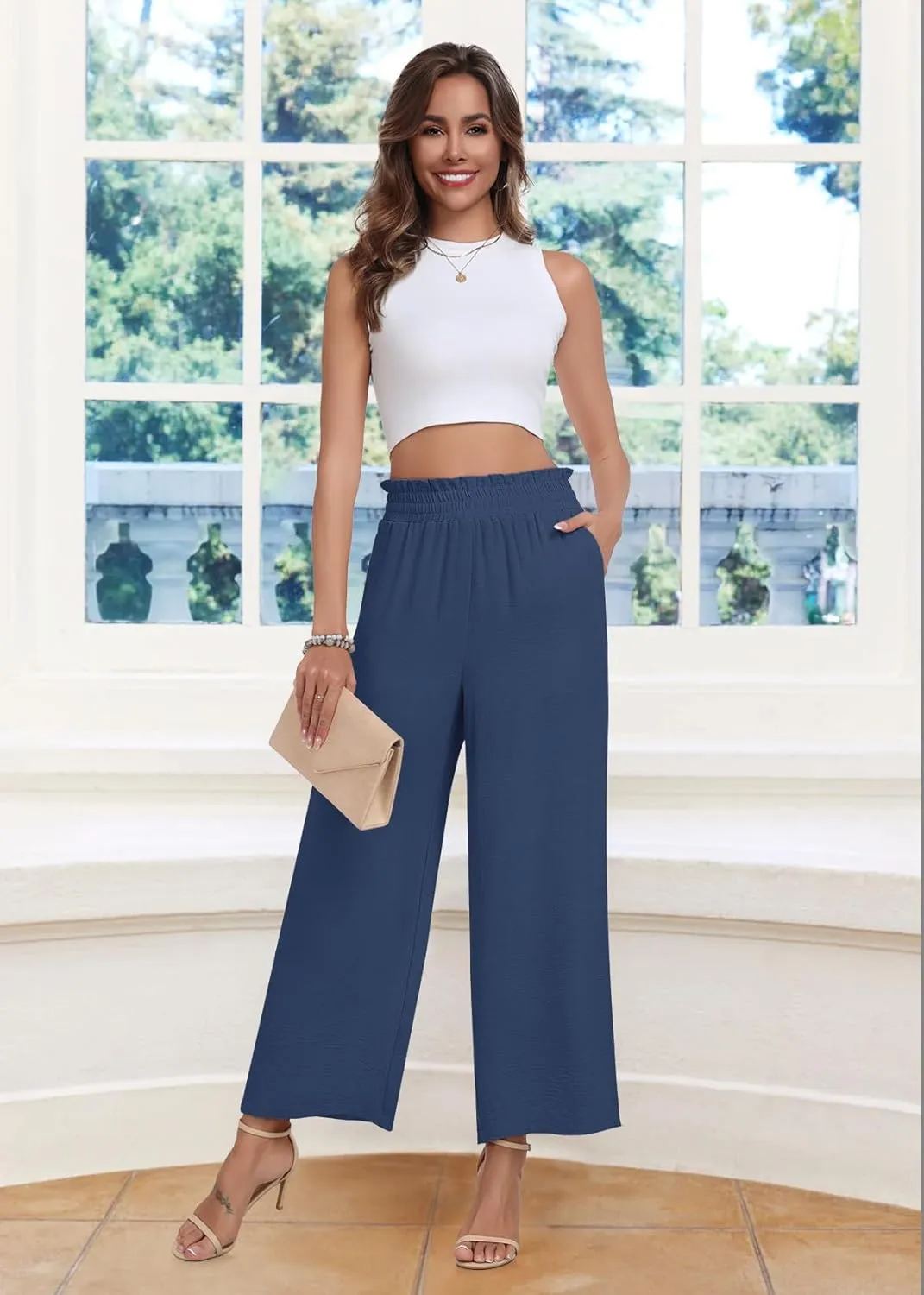DILIUXING Womens Wide Leg Pants High Waisted Casual Drawstring Trousers Loose Adjustable Pants with Pockets