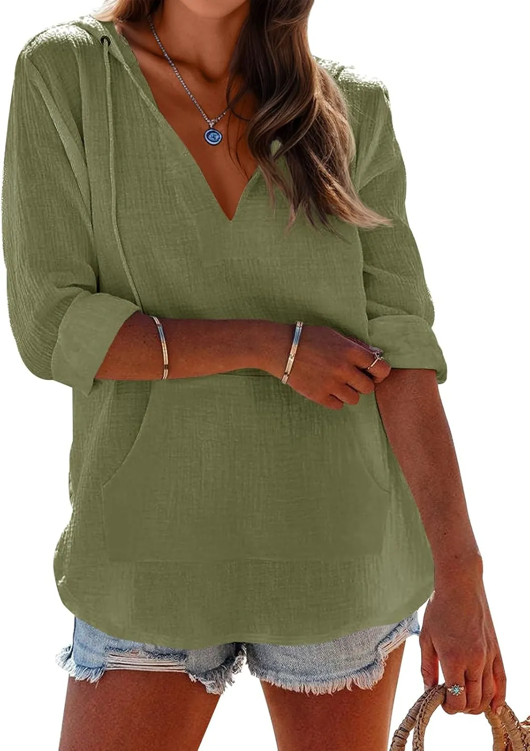 Ebifin Women's Beach Cover Up hoodies sweatshirt Long Sleeve V Neck Pocketed Hooded Shirt Top