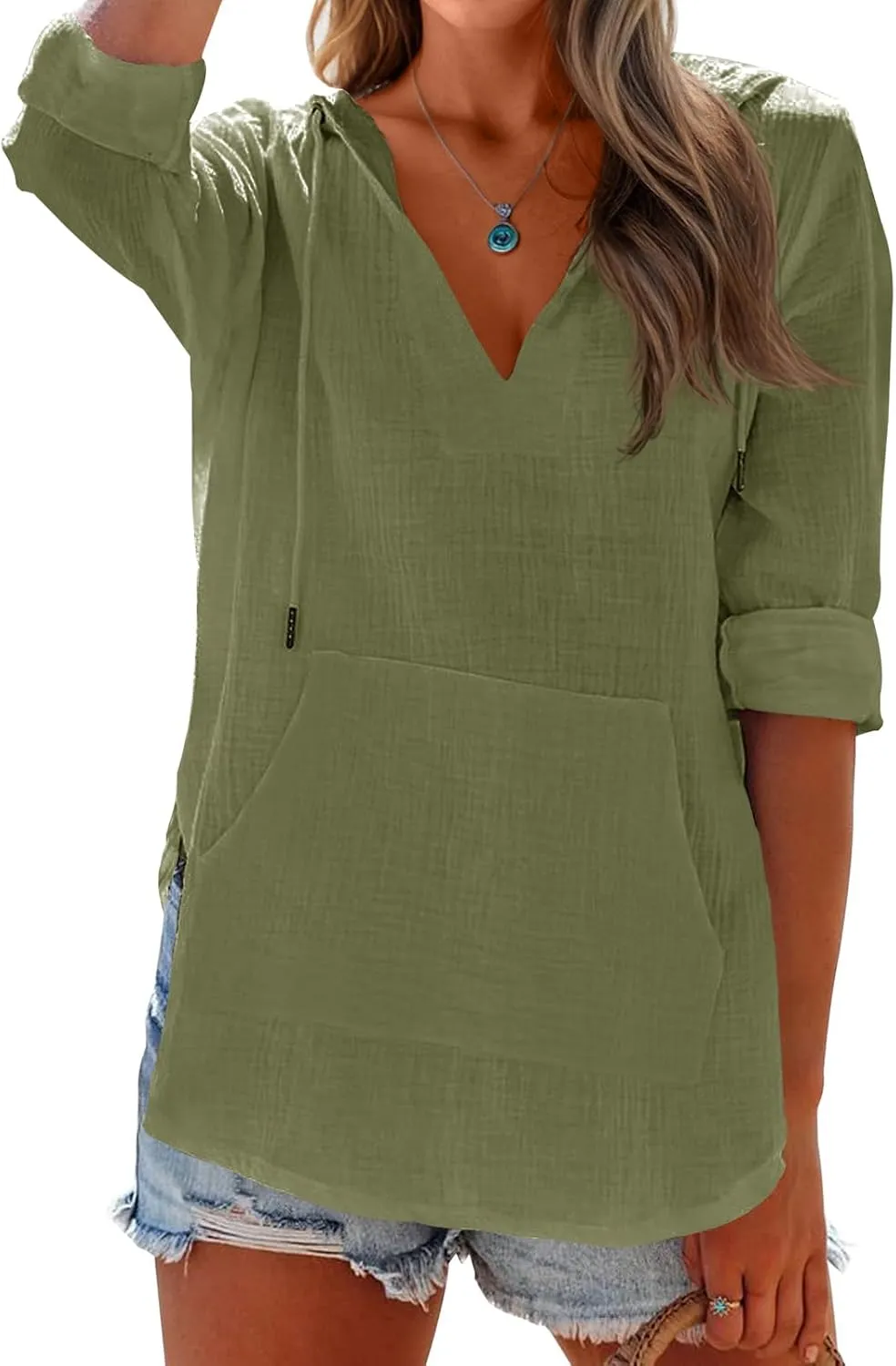 Ebifin Women's Beach Cover Up hoodies sweatshirt Long Sleeve V Neck Pocketed Hooded Shirt Top
