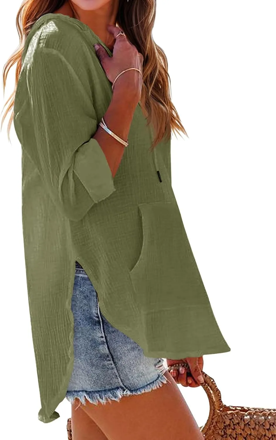 Ebifin Women's Beach Cover Up hoodies sweatshirt Long Sleeve V Neck Pocketed Hooded Shirt Top