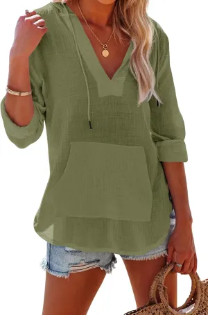 Ebifin Women's Beach Cover Up hoodies sweatshirt Long Sleeve V Neck Pocketed Hooded Shirt Top