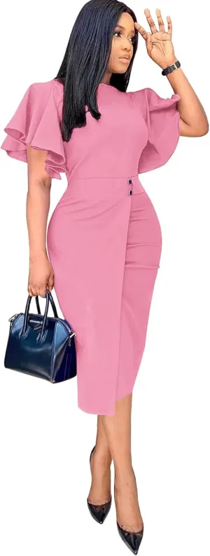 Ekaliy Women Fashion Peplum Bodycon Half a Long Sleeved Bow Club Ruffle Pencil Party Dress M