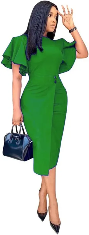Ekaliy Women's Ruffle Sleeve Vintage Bodycon Peplum Business Formal Work Pencil Dress