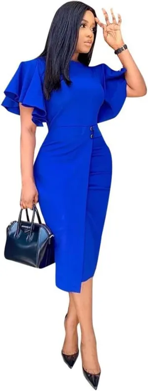 Ekaliy Women's Ruffle Sleeve Vintage Bodycon Peplum Business Formal Work Pencil Dress
