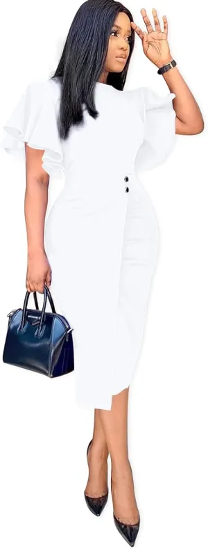 Ekaliy Women's Ruffle Sleeve Vintage Bodycon Peplum Business Formal Work Pencil Dress
