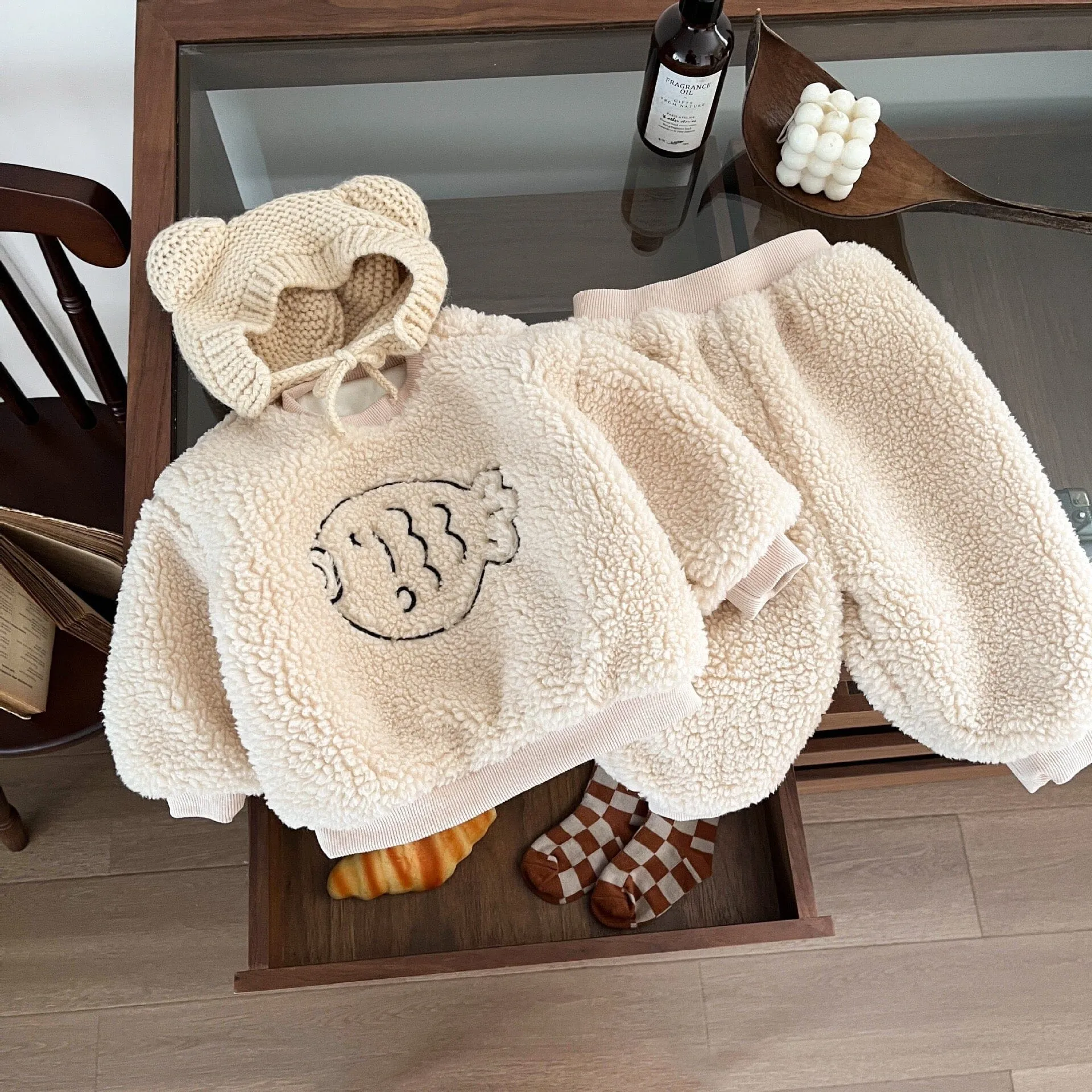 Embroidered Fish Winter Plush Baby Jogger Set
