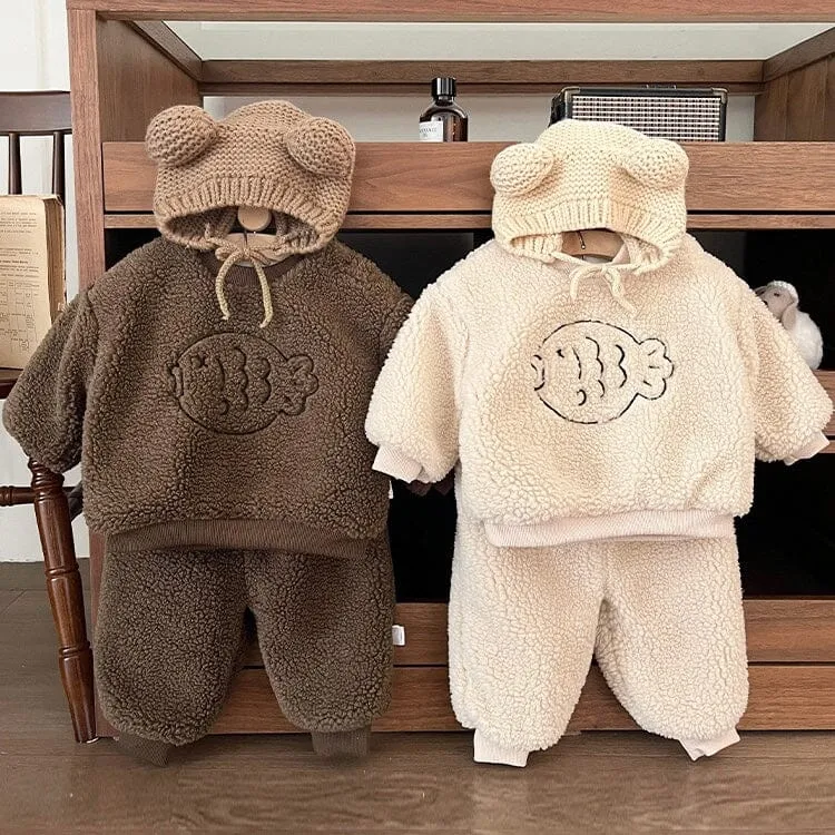 Embroidered Fish Winter Plush Baby Jogger Set