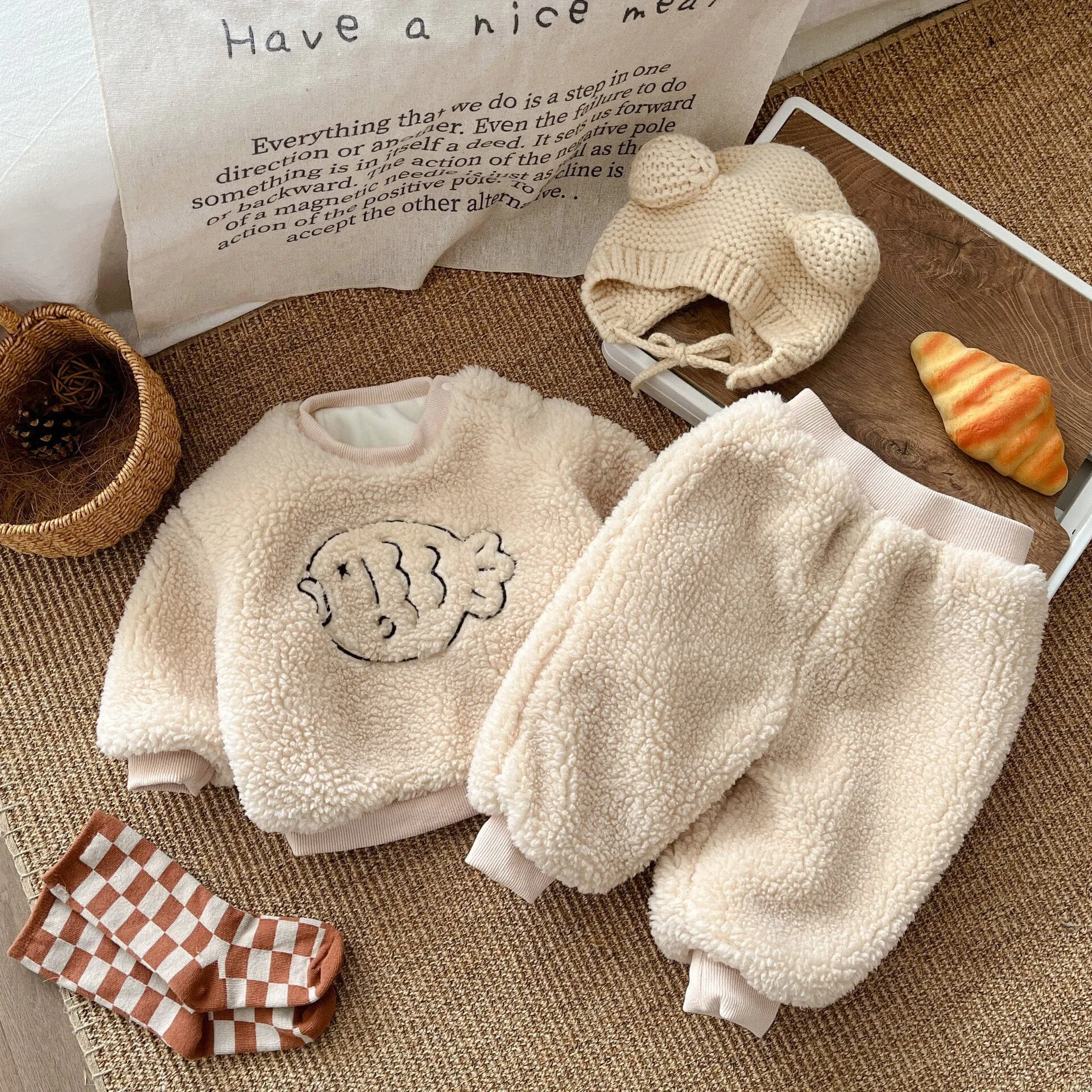 Embroidered Fish Winter Plush Baby Jogger Set