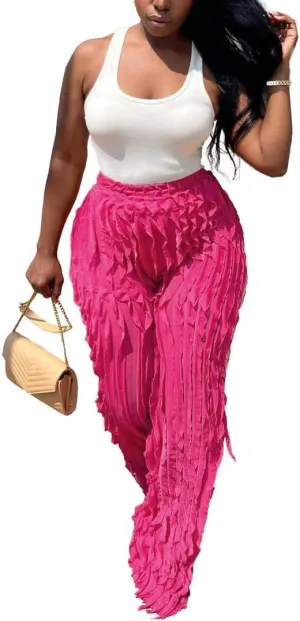 ENOPINK Women's Sexy High Waist Pants Casual Wide Leg Long Pants Palazzo Flowy Trousers Party Clubwear Pink S