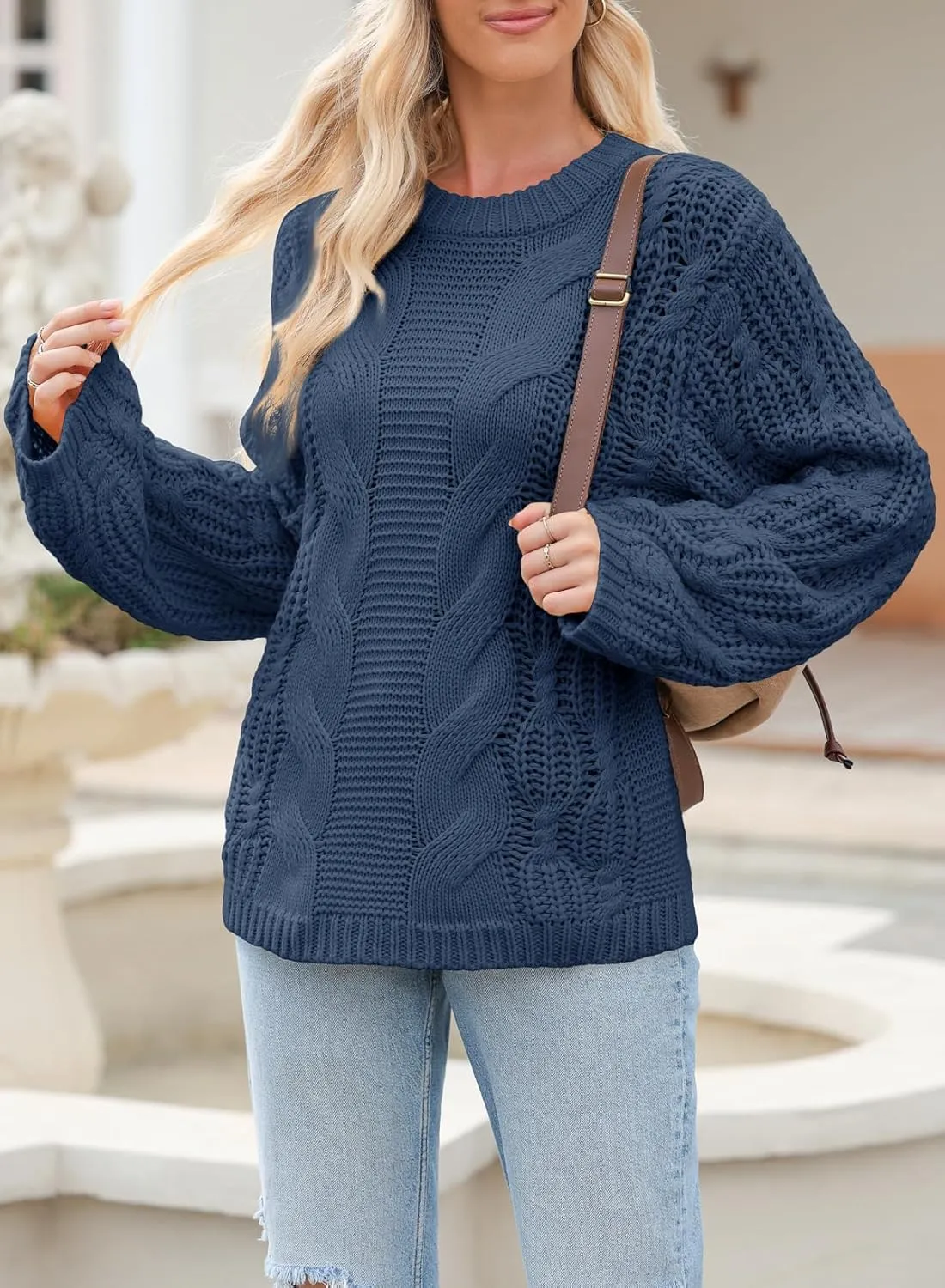 EVALESS Sweaters for Women 2024 Trendy Casual Crewneck Long Sleeve Cable Knit Pullover Sweaters Tops Fall Clothes
