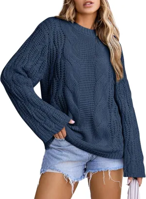 EVALESS Sweaters for Women 2024 Trendy Casual Crewneck Long Sleeve Cable Knit Pullover Sweaters Tops Fall Clothes