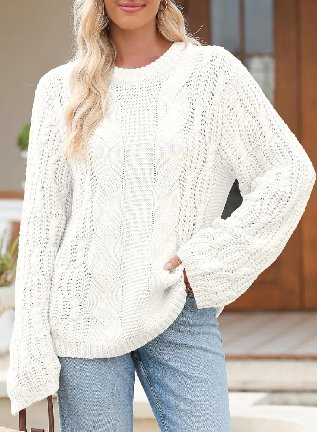 EVALESS Sweaters for Women 2024 Trendy Casual Crewneck Long Sleeve Cable Knit Pullover Sweaters Tops Fall Clothes