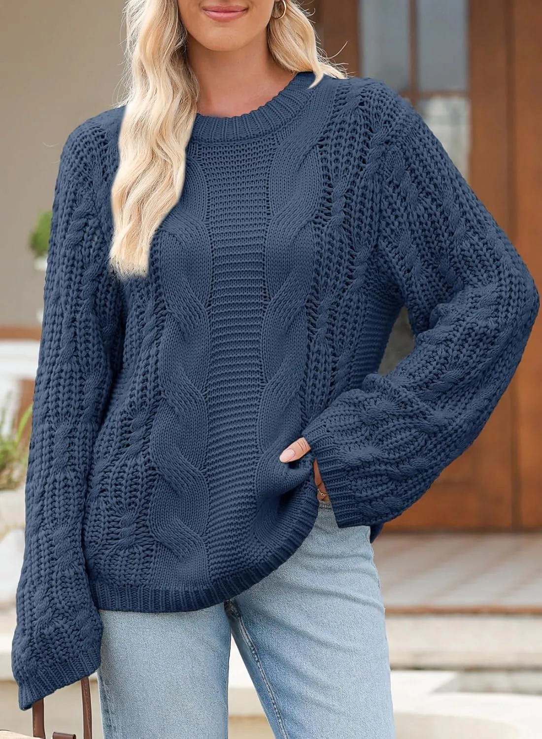 EVALESS Sweaters for Women 2024 Trendy Casual Crewneck Long Sleeve Cable Knit Pullover Sweaters Tops Fall Clothes