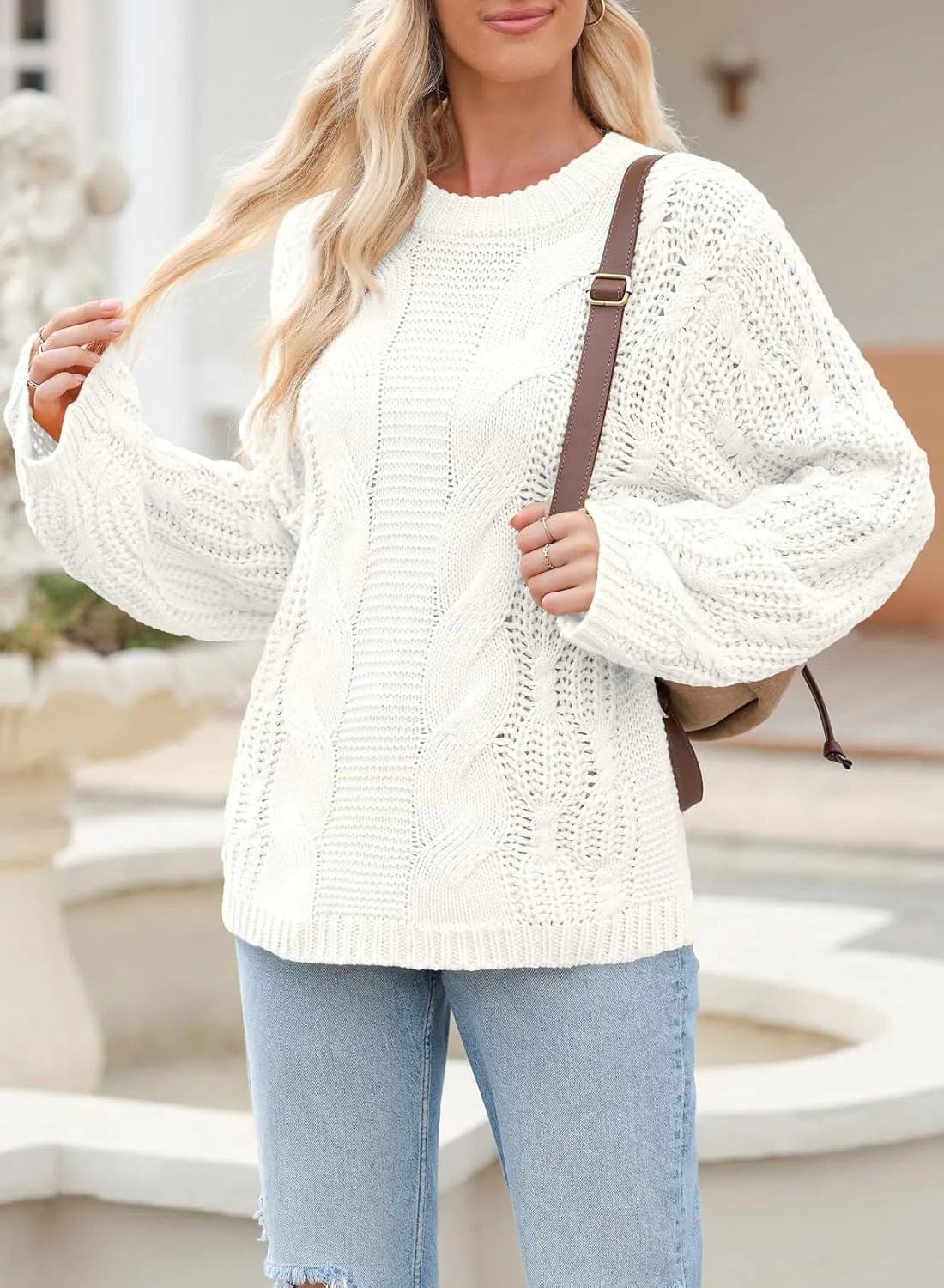 EVALESS Sweaters for Women 2024 Trendy Casual Crewneck Long Sleeve Cable Knit Pullover Sweaters Tops Fall Clothes