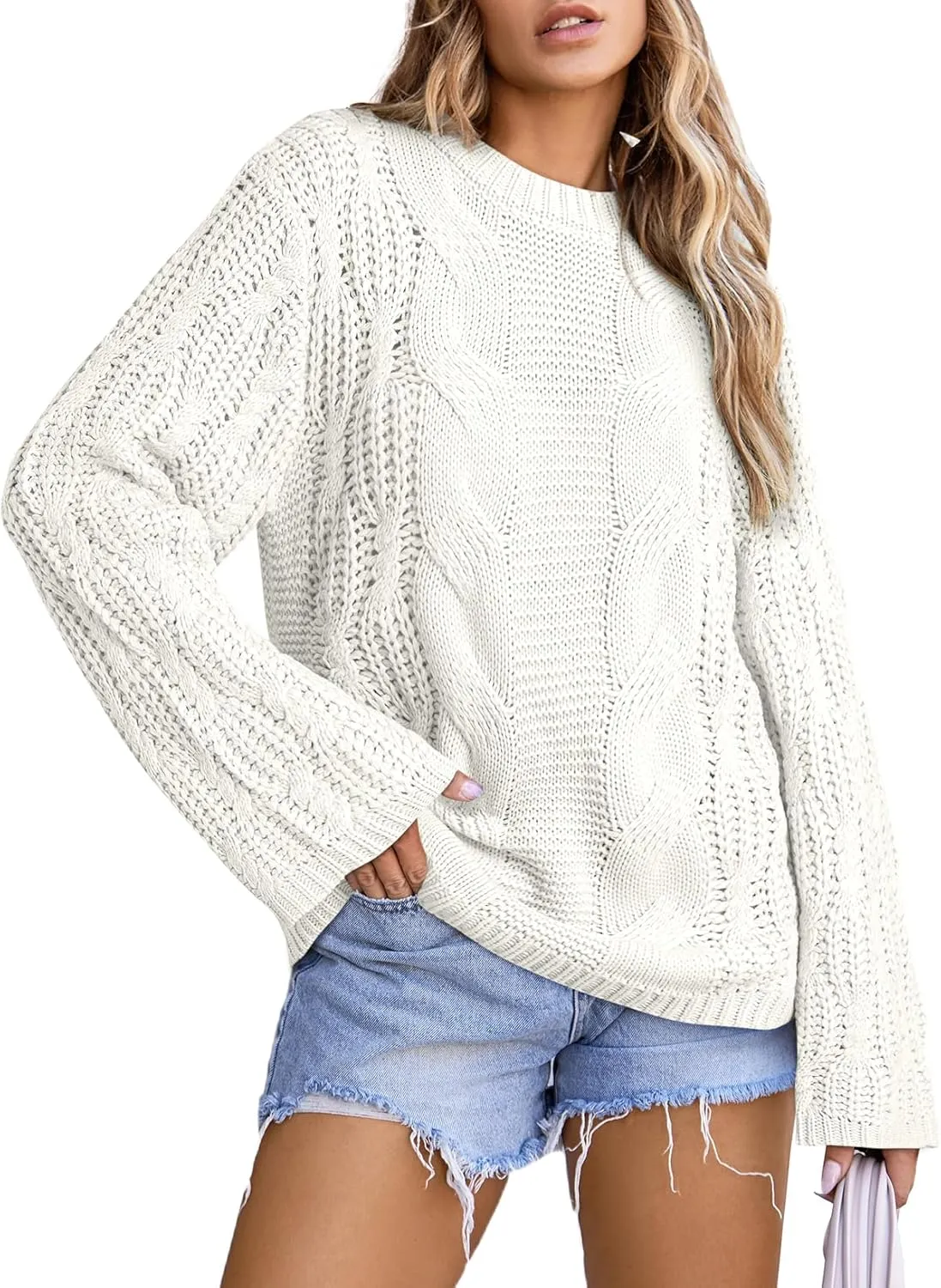 EVALESS Sweaters for Women 2024 Trendy Casual Crewneck Long Sleeve Cable Knit Pullover Sweaters Tops Fall Clothes