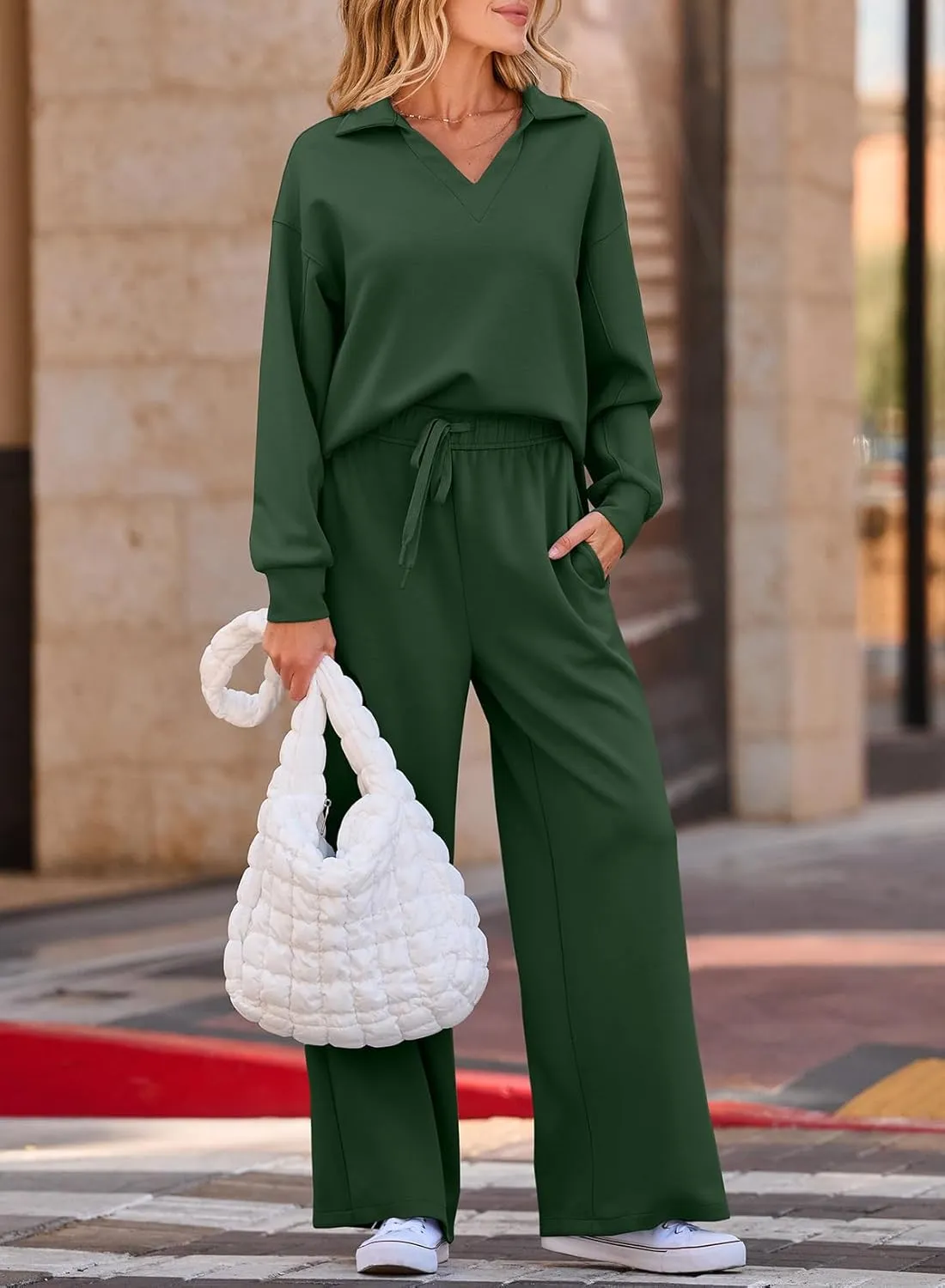 EVALESS Two Piece Sets for Women Lounge Sets V Neck Sweatshirt Wide Leg Sweatpants Women Outfits