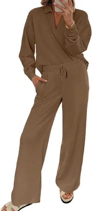 EVALESS Two Piece Sets for Women Lounge Sets V Neck Sweatshirt Wide Leg Sweatpants Women Outfits