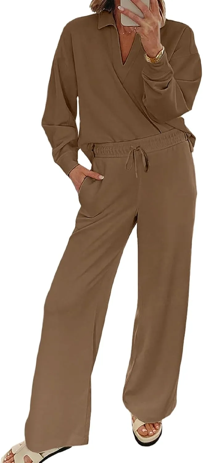 EVALESS Two Piece Sets for Women Lounge Sets V Neck Sweatshirt Wide Leg Sweatpants Women Outfits