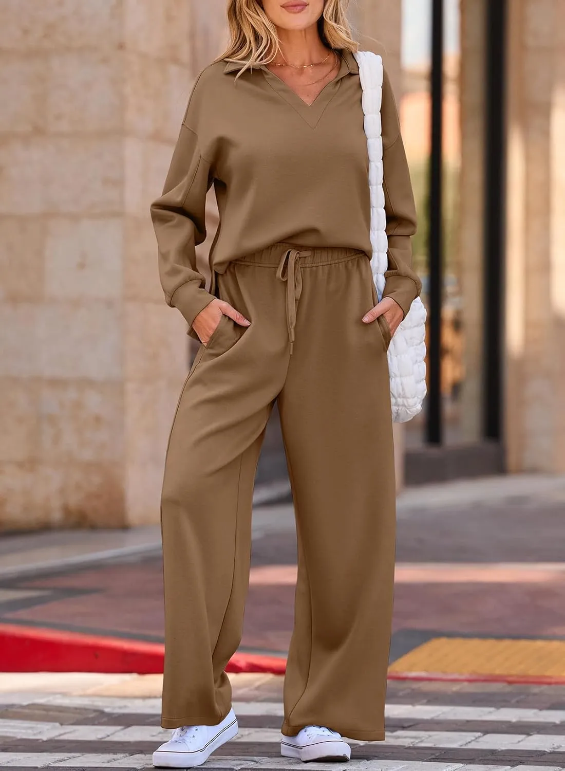EVALESS Two Piece Sets for Women Lounge Sets V Neck Sweatshirt Wide Leg Sweatpants Women Outfits
