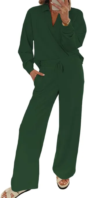EVALESS Two Piece Sets for Women Lounge Sets V Neck Sweatshirt Wide Leg Sweatpants Women Outfits