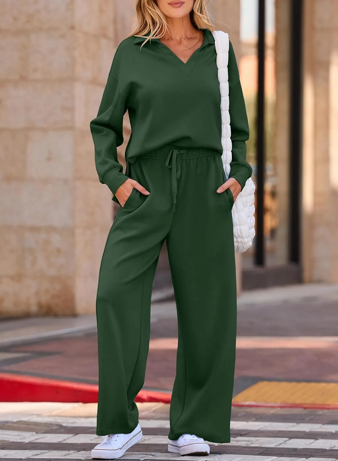 EVALESS Two Piece Sets for Women Lounge Sets V Neck Sweatshirt Wide Leg Sweatpants Women Outfits