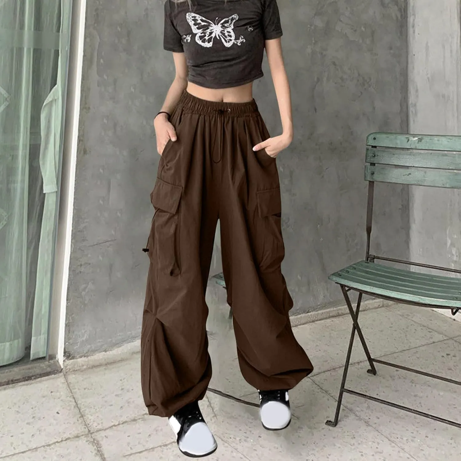 fartey Womens Baggy Cargo Pants High Waist Adjustable Straight Leg Trousers Casual Loose Parachute Hiking Pants with Pocket