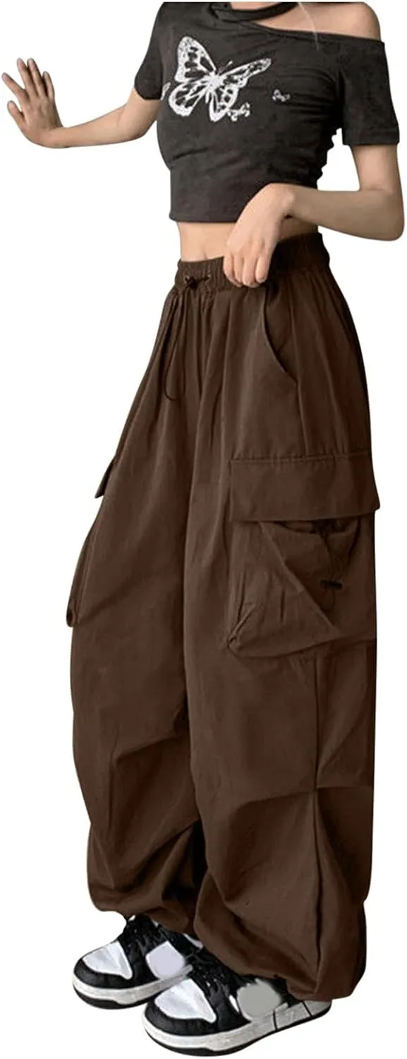 fartey Womens Baggy Cargo Pants High Waist Adjustable Straight Leg Trousers Casual Loose Parachute Hiking Pants with Pocket