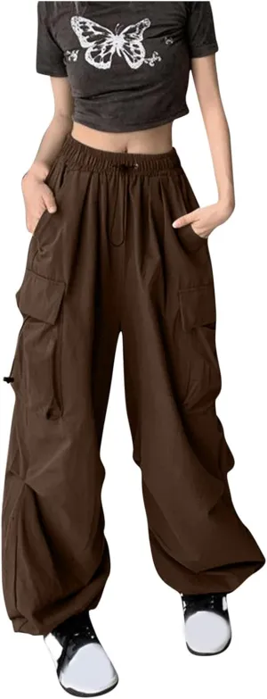 fartey Womens Baggy Cargo Pants High Waist Adjustable Straight Leg Trousers Casual Loose Parachute Hiking Pants with Pocket