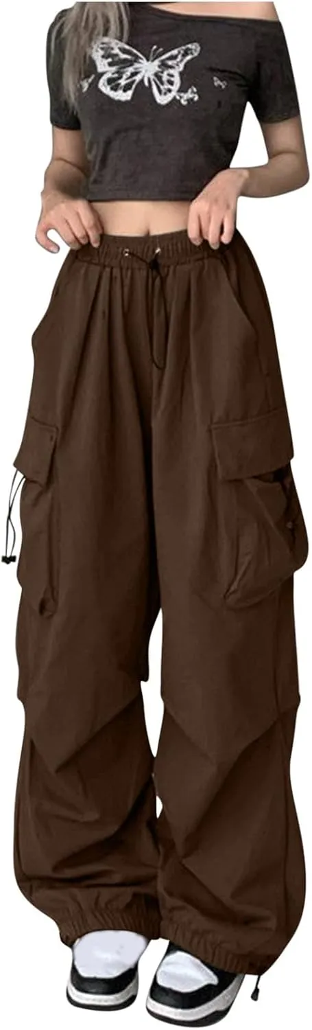 fartey Womens Baggy Cargo Pants High Waist Adjustable Straight Leg Trousers Casual Loose Parachute Hiking Pants with Pocket