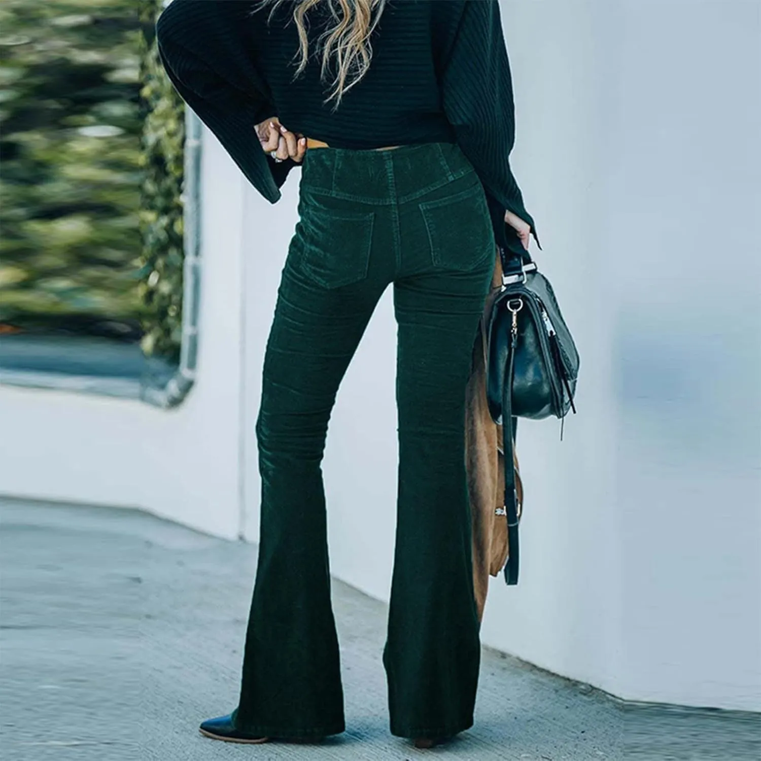 Febecool Cargo Pants Women Solid Color Slim Fit Micro Flared Pants Elastic Waist Casual Pants Corduroy