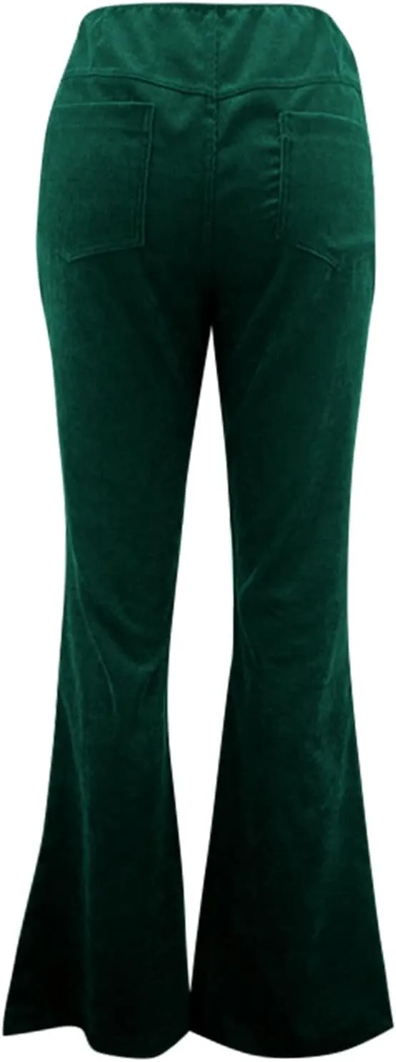 Febecool Cargo Pants Women Solid Color Slim Fit Micro Flared Pants Elastic Waist Casual Pants Corduroy