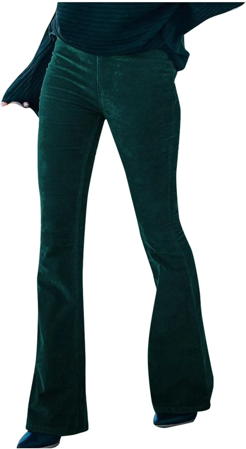 Febecool Cargo Pants Women Solid Color Slim Fit Micro Flared Pants Elastic Waist Casual Pants Corduroy
