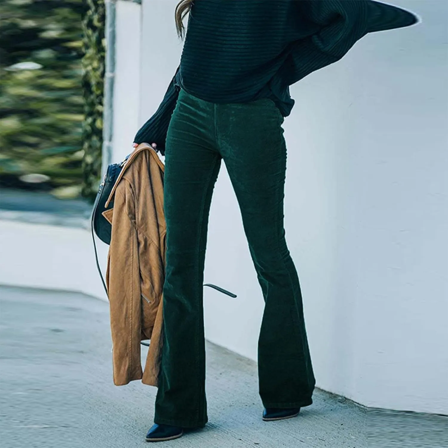 Febecool Cargo Pants Women Solid Color Slim Fit Micro Flared Pants Elastic Waist Casual Pants Corduroy