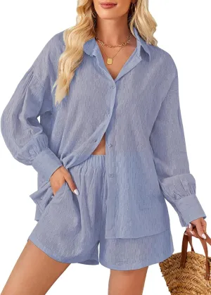 Fixmatti 2 Piece Outfits Long Sleeve Button Down Shirt and Shorts Sweatsuit Lounge Sets