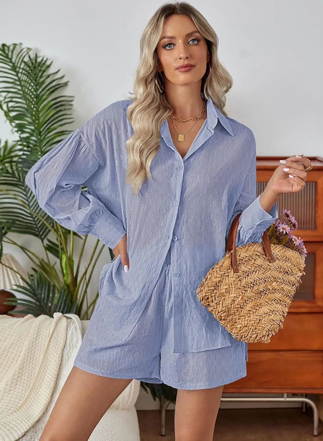 Fixmatti 2 Piece Outfits Long Sleeve Button Down Shirt and Shorts Sweatsuit Lounge Sets